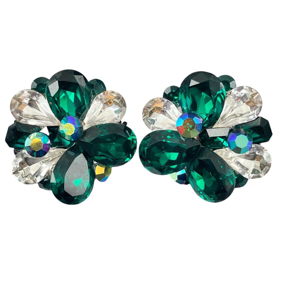 Vintage 1980s Statement Earrings Green Crystal Cluster Resin Hand Assembled - 3U